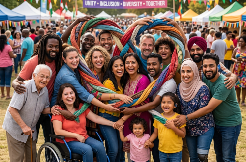 A diverse group of smiling people forming a heart shape with colorful ropes at a community festival