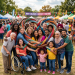A diverse group of smiling people forming a heart shape with colorful ropes at a community festival